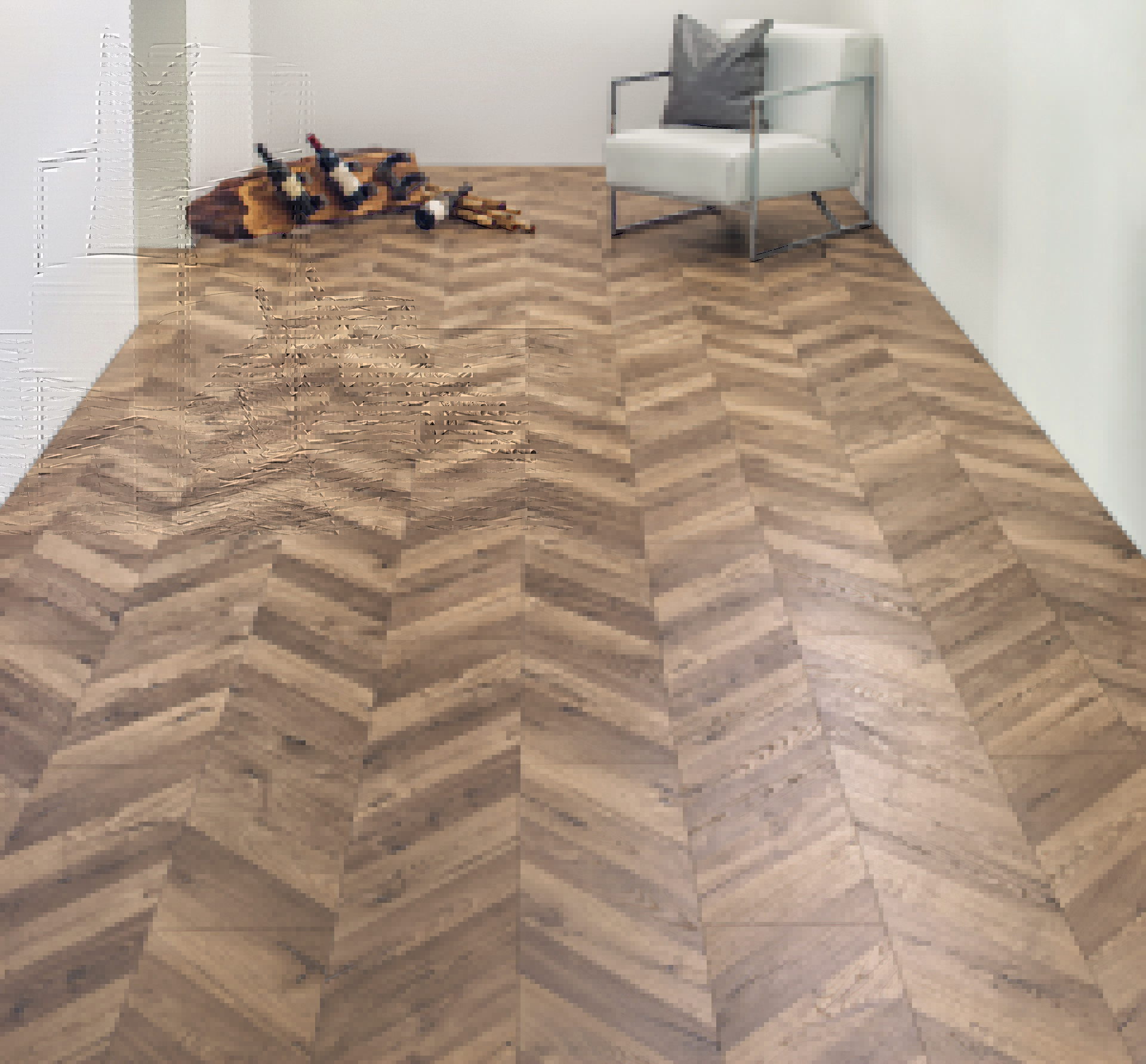 Room with white walls beautifully complemented by the natural warmth and rustic charm of the K4379 Oak Fortress Ashford Laminate Flooring.