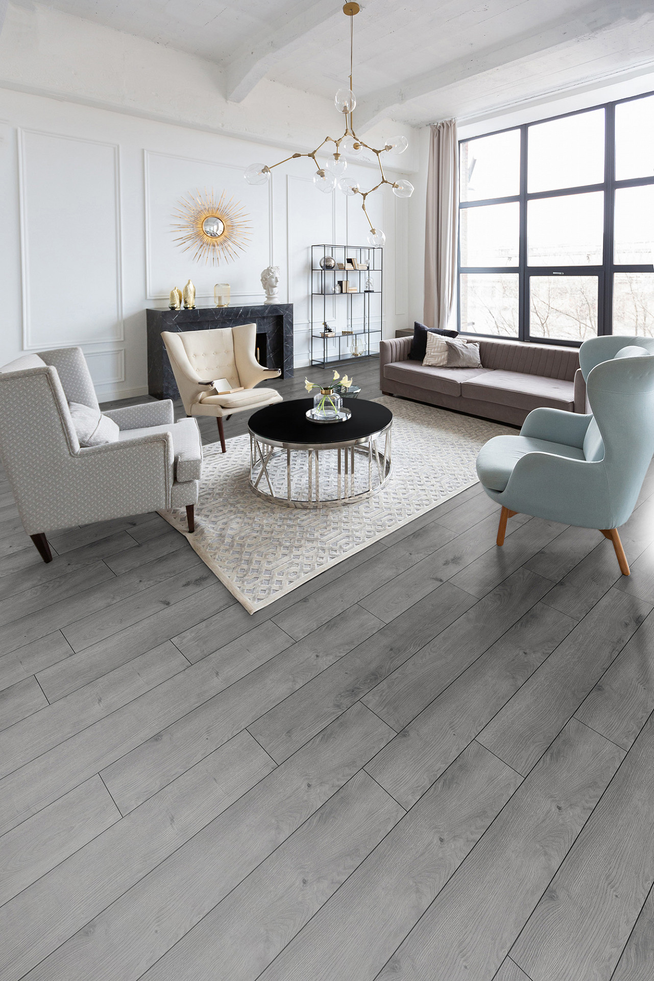 K392 Atomic Oak laminate flooring in a modern living room – vintage-inspired oak decor around sofa and chairs