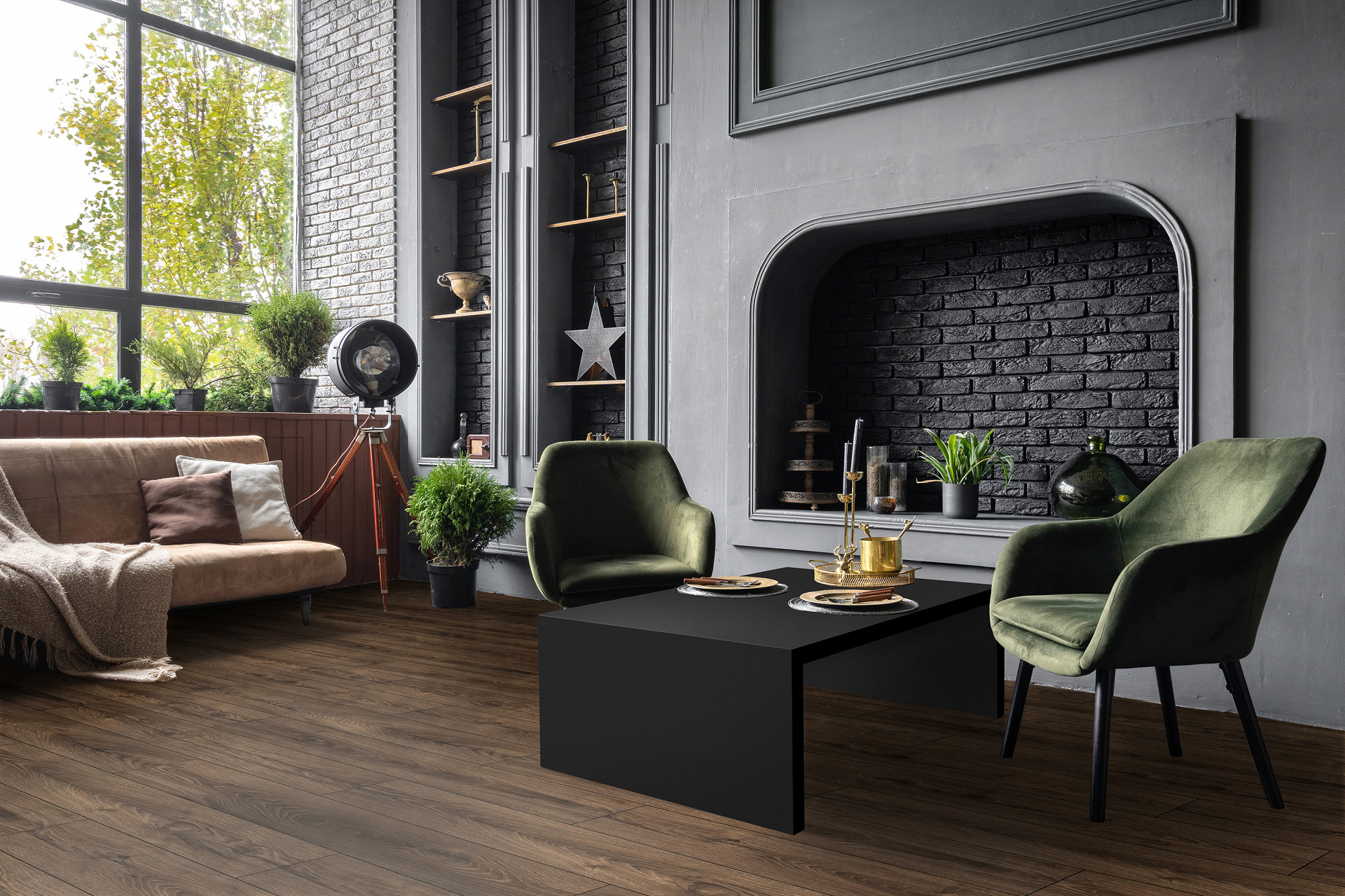 Sophisticated interior with K479 Espresso Carpenter Oak – light-filled space balanced by deep-toned furniture and flooring