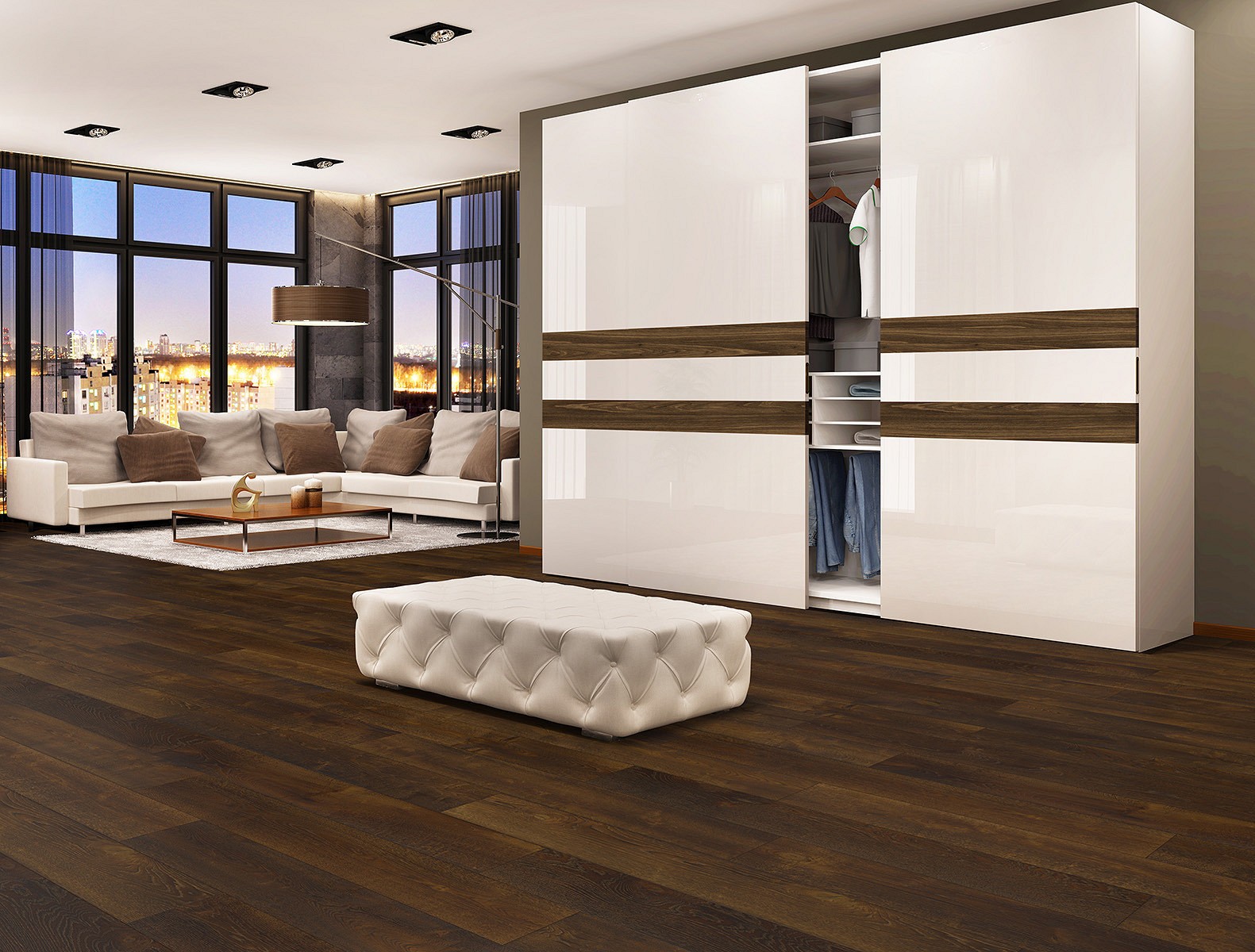 A stylish living room designed with the natural elegance of R070 Incando 5+1 SPC flooring.