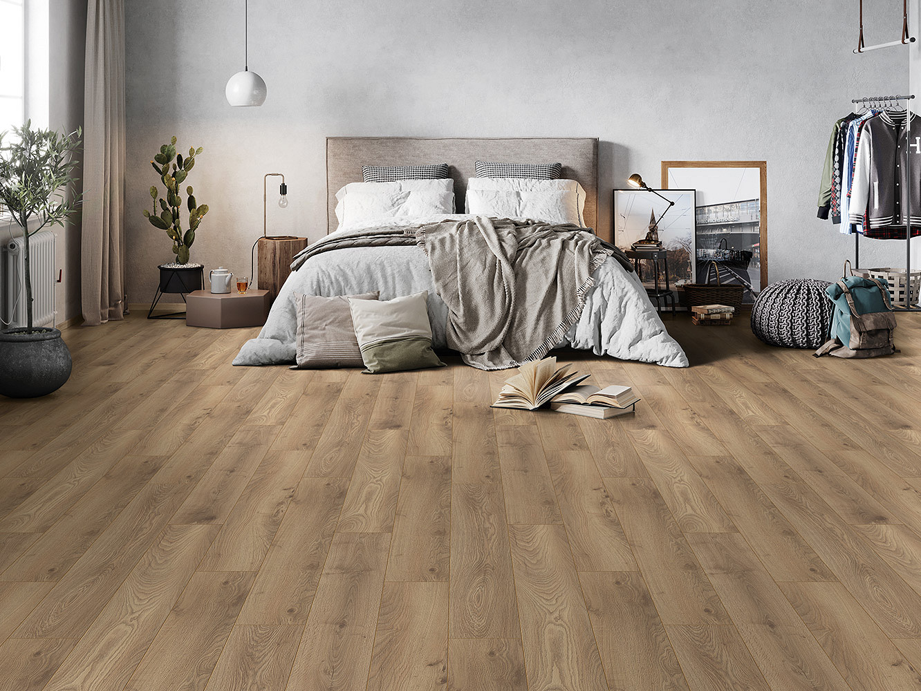 Haybridge Oak laminate flooring installed in cozy bedroom – warm oak look combining elegance and durability