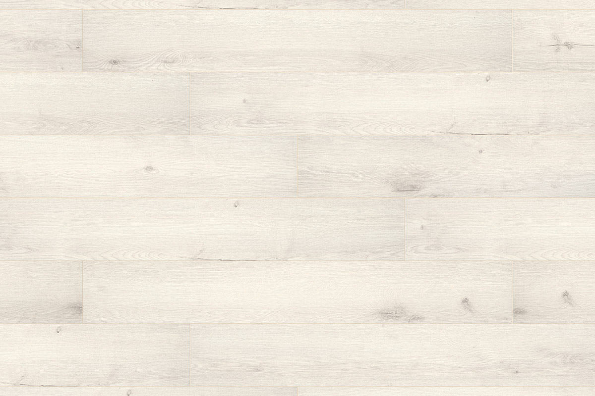 A close-up of K500 Pearl River Oak laminate flooring – white oak with subtle gray grain, ideal for Scandinavian interiors