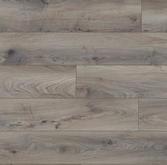 Close-up of Steelworks Oak laminate flooring with modern grey tones and robust textured surface from Atlantic 10 collection