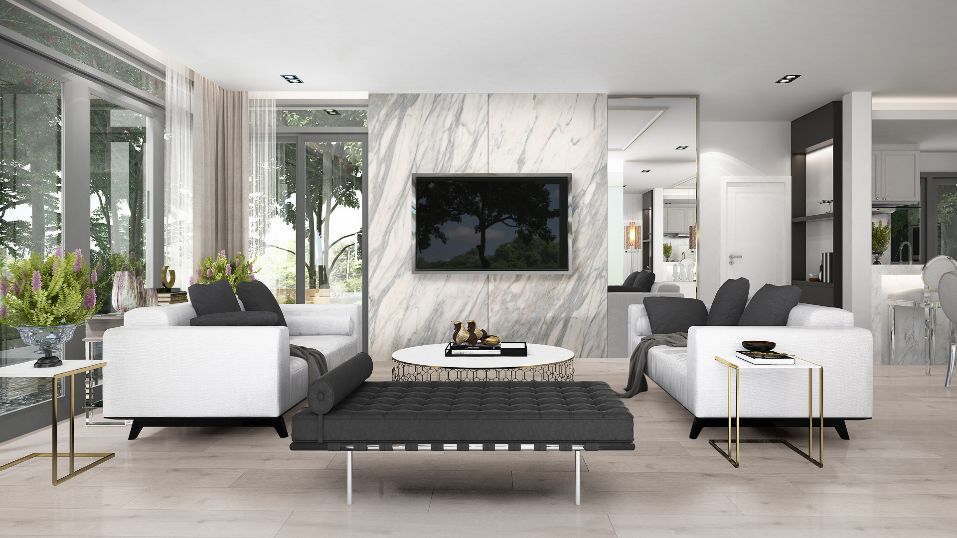 R078 Airflow 5+1 SPC flooring in a modern living room with black and white accents