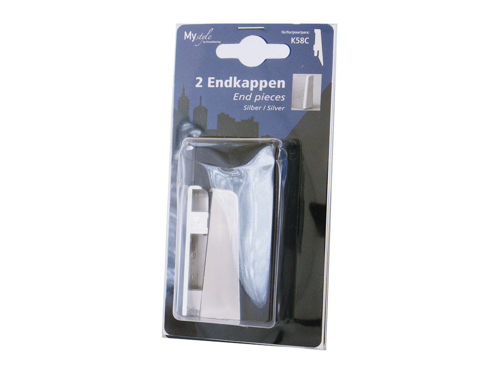 Finishing plugs for MDF or PVC floor sill with a height of 58 mm. 2 pcs/pack (left and right plug). Colour: silver.