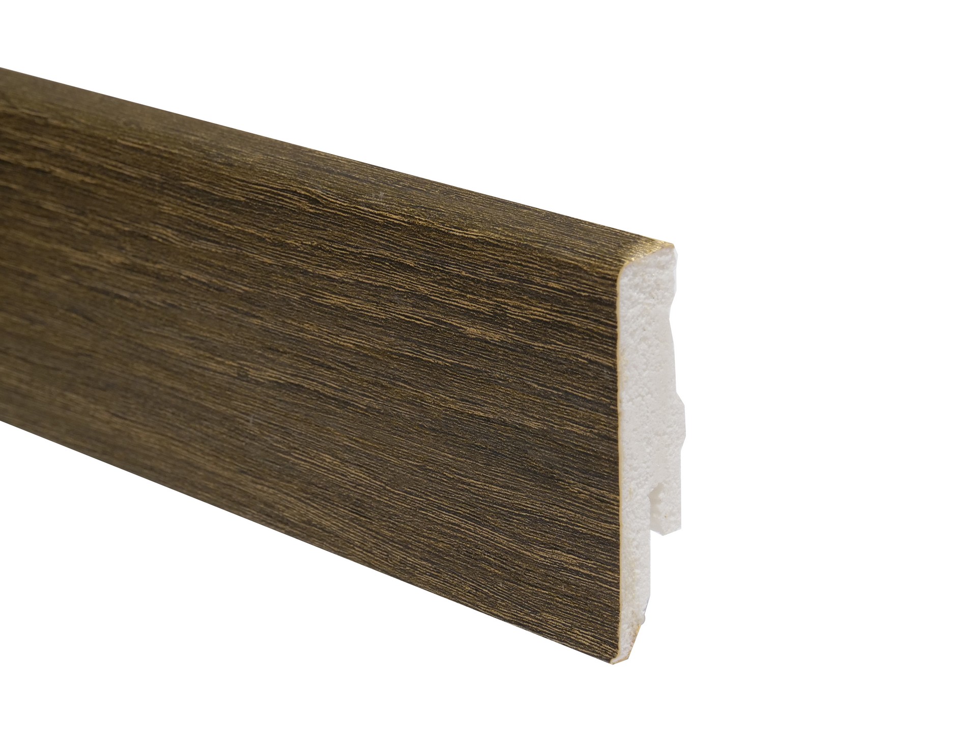 PVC floor skirting L040 with cable channel and height 58 mm, suitable for vinyl flooring in dark brown colour. Length 2.4 m.