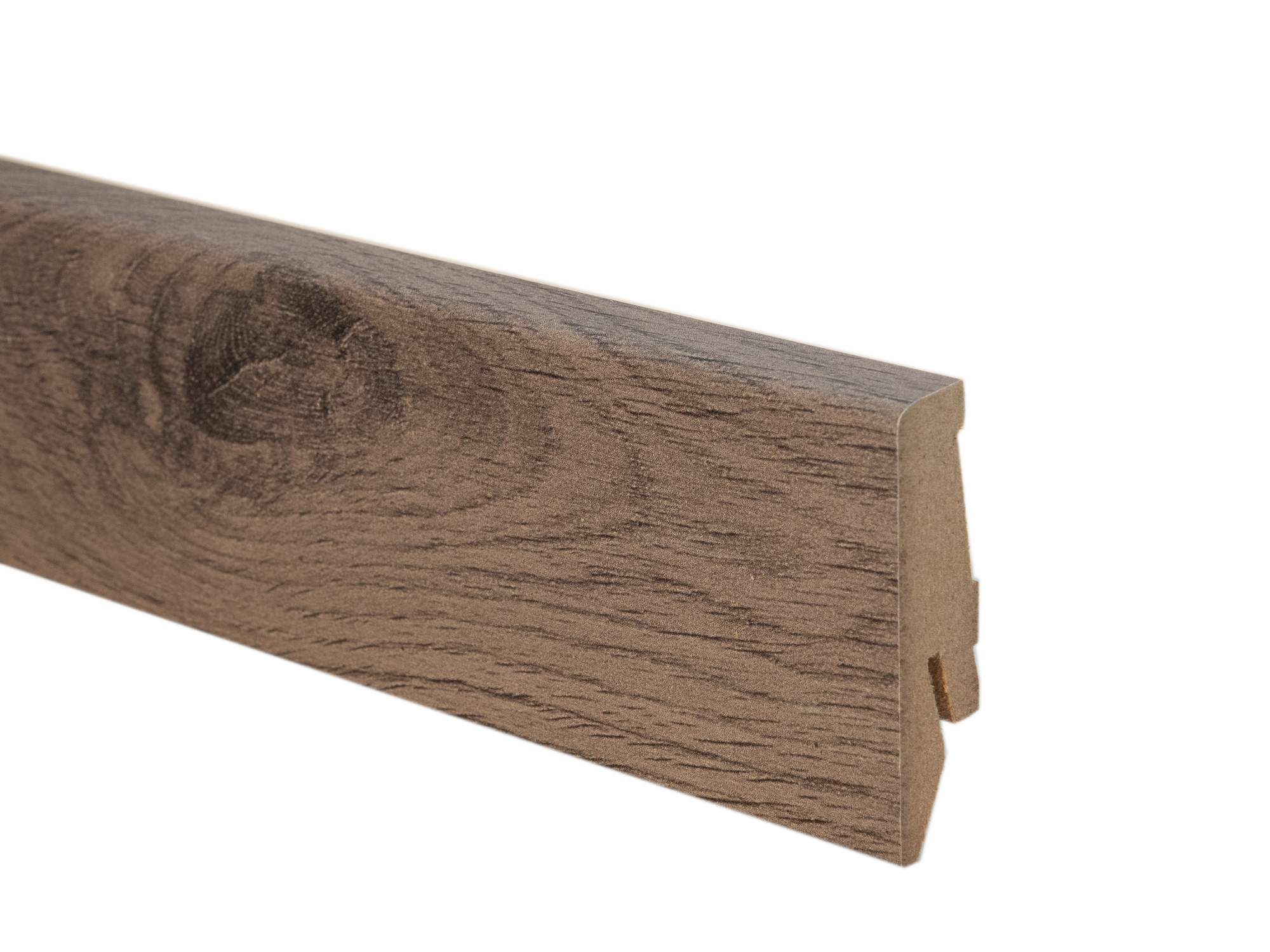 MDF wood floor sill 8096 with cable channel and height 58 mm. Suitable for laminate flooring in grey-beige colour.