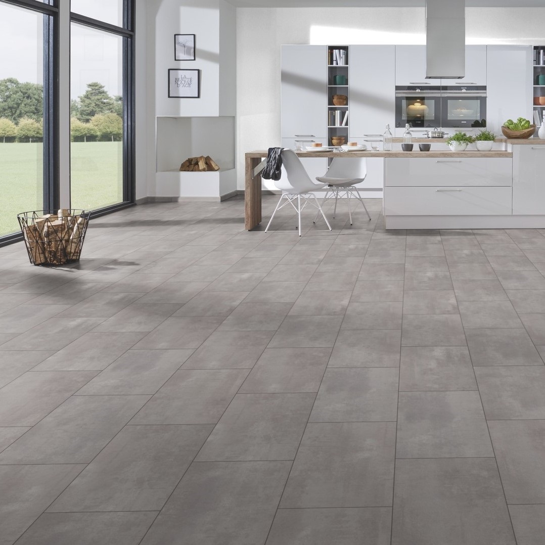 Pearl Grey Oxide from Atlantic 8 in a modern kitchen – laminate floor mimicking stone with a soft grey finish