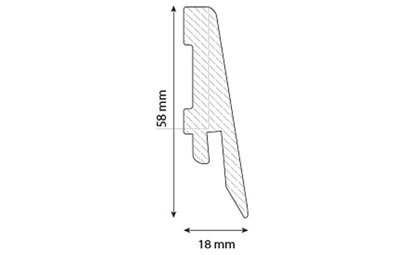 Dimensions of R127 Plastic Skirting Board K58C: L18 (length) x H58 (height).