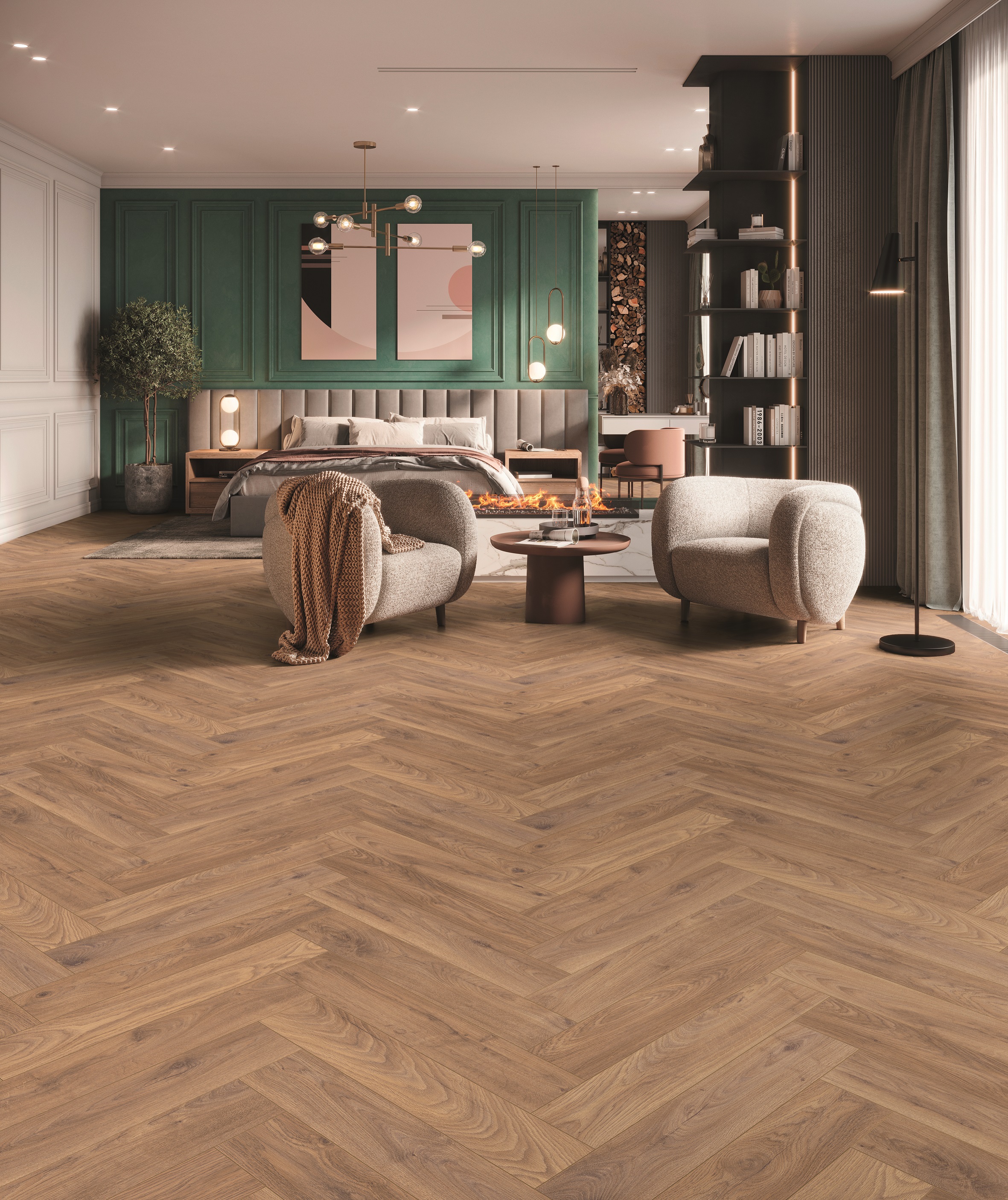 Beautifully furnished living room with warm colours in a modern style and classic herringbone laminate flooring