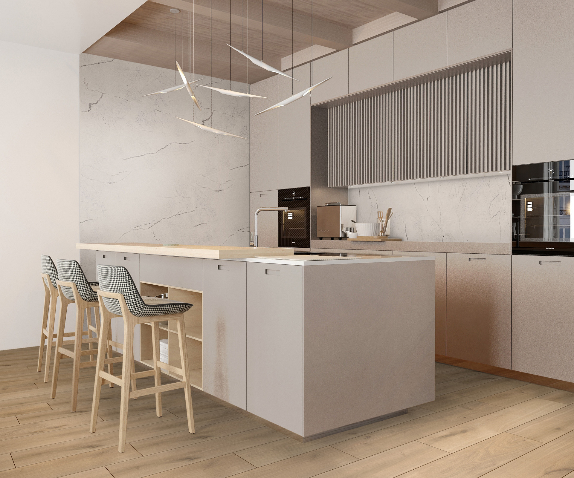 R077 Barista 5+1 SPC flooring complementing a stylish beige-themed kitchen