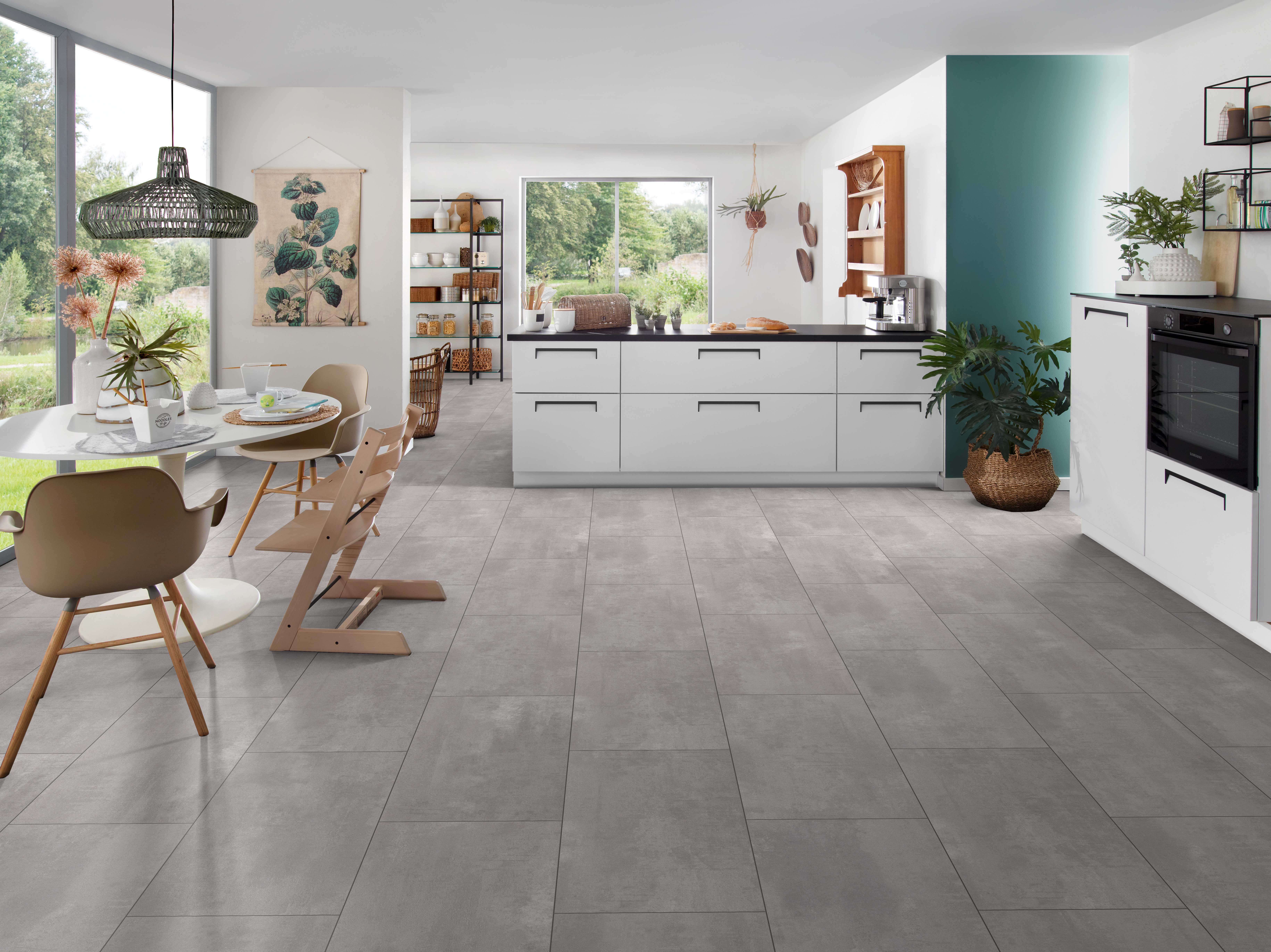 Contemporary kitchen with Pearl Grey Oxide laminate tiles – moisture-resistant and easy to maintain