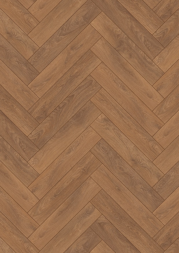 Close-up view of the intricate details and warm tones of 8573 Harlech Oak.herringbone collection
