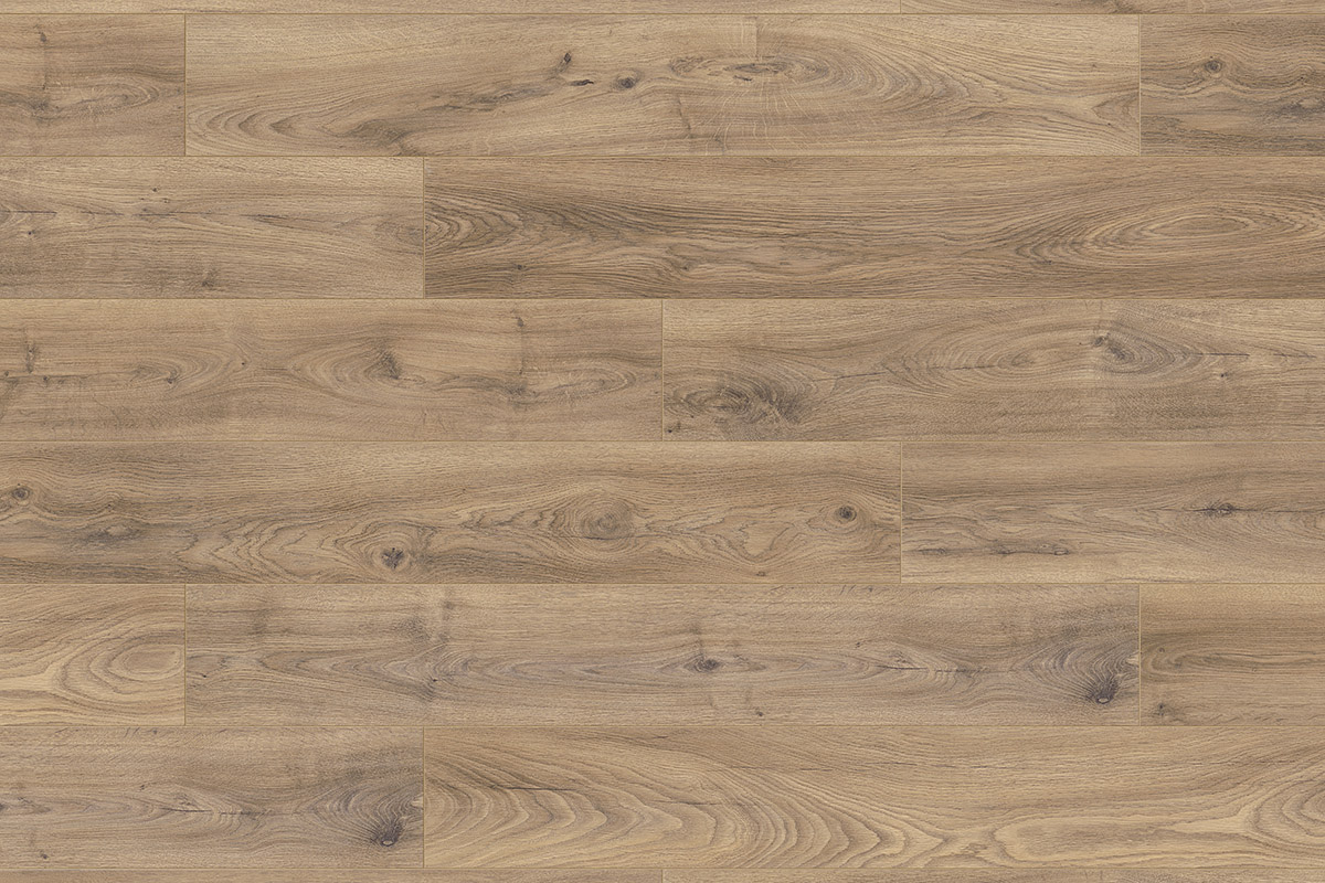 Close-up of K450 Firebrand Oak laminate flooring with grey-beige tones and authentic embossed wood texture from Atlantic 12 collection