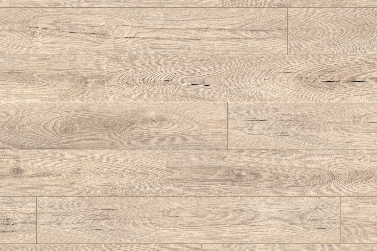 Top view of Mushroom Carpenter Oak laminate planks showcasing authentic texture and soft earthy tones
