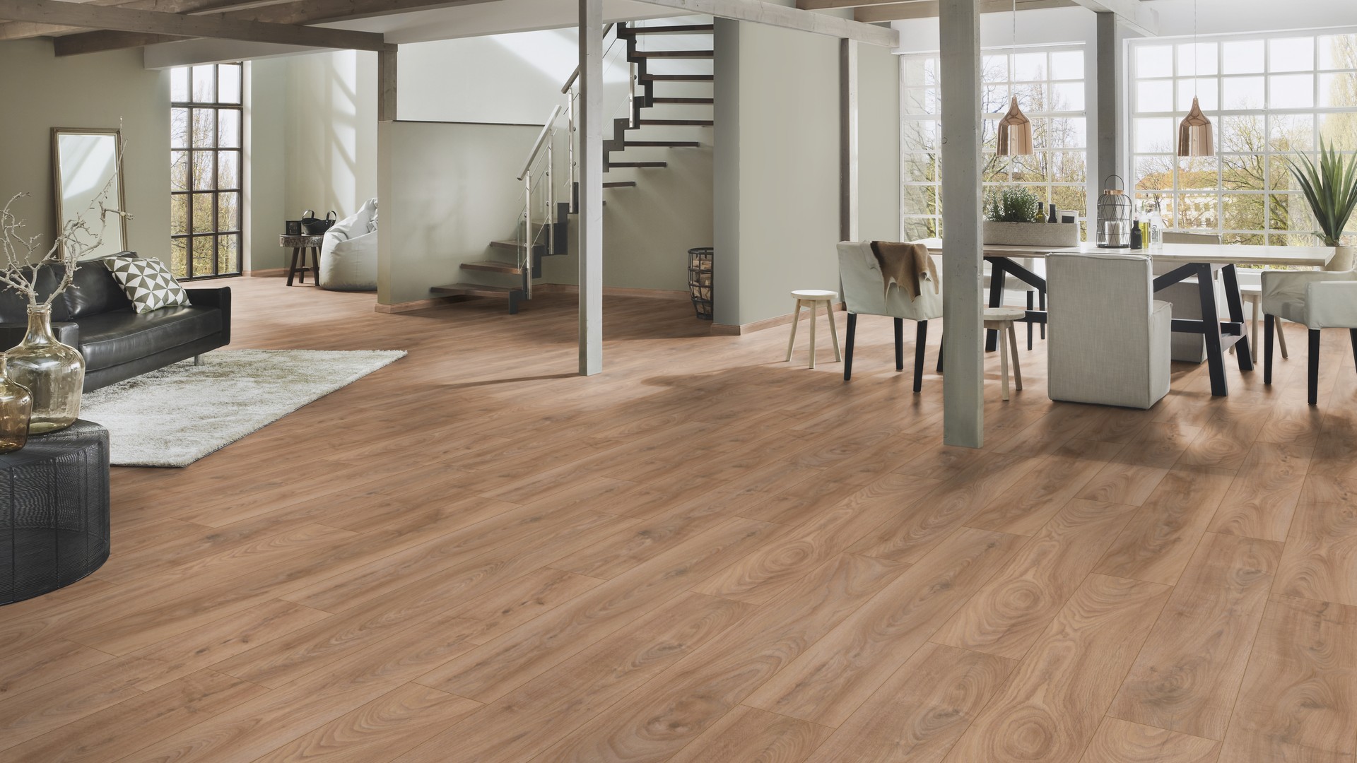 5947_Eurohome_interior2 Modern dining room featuring 5947 Historic Oak laminate flooring, suitable for underfloor heating.