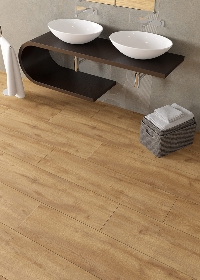 Atacama Fields A SPC wall panel Rocko Tiles collection installed in bathroom – waterproof wall panel behind sink and mirror, suitable for wet areas