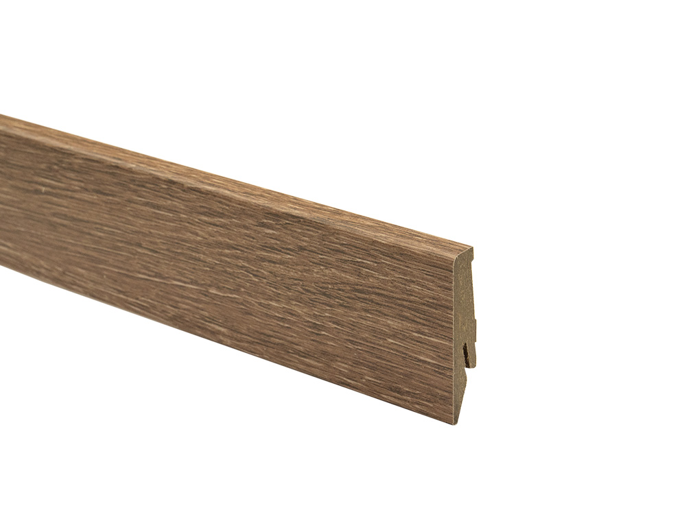 Close-up of L038 Skirting Board K58C-Orca in a black color, highlighting its texture and design.