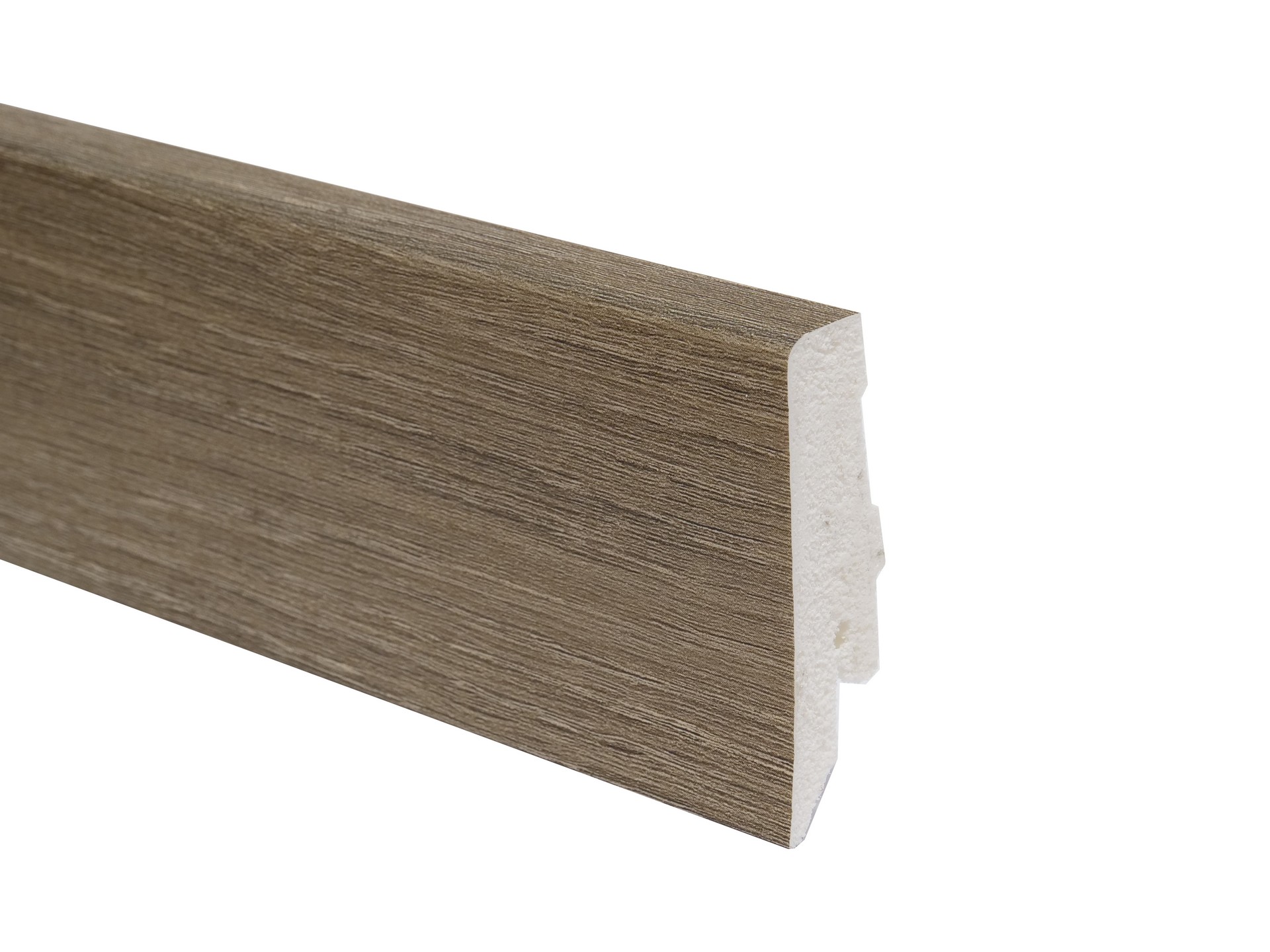 PVC floor skirting L015 with cable channel and height 58 mm, suitable for vinyl flooring in grey-brown colour. Length 2.4 m.