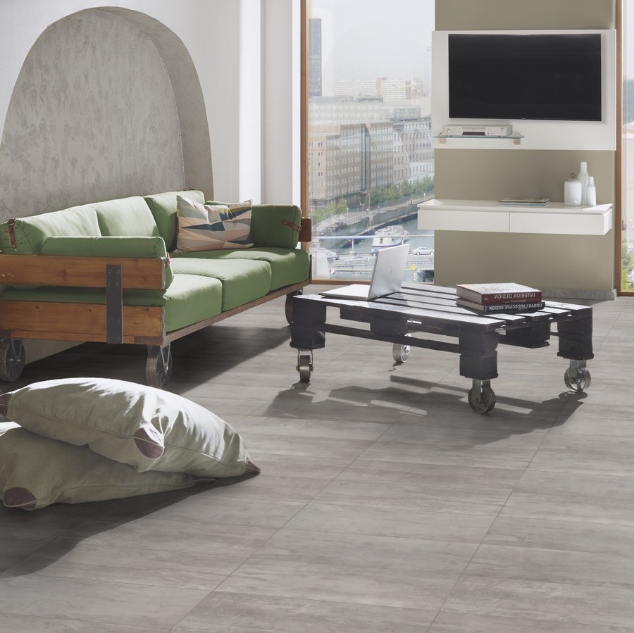 Urban-inspired living space with Crosstown Traffic flooring – tile-format laminate enhancing natural light and bold decor