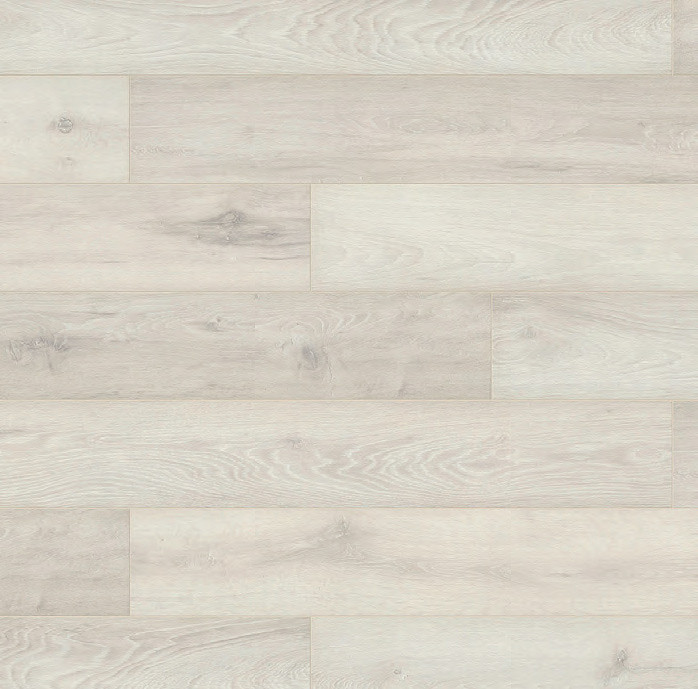 Close-up of Iceberg Oak laminate flooring with subtle wood grain and light tones from Atlantic mo.re! collection