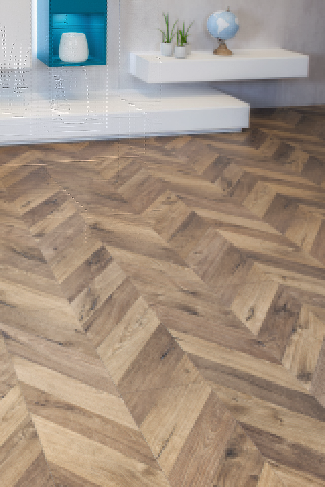 Contemporary room showing the balance between white furniture and K4379 Oak Fortress Ashford Laminate Flooring.
