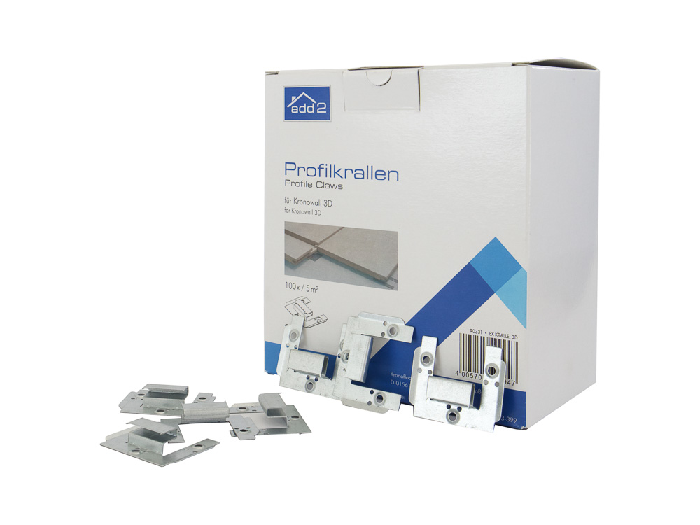 Kronowall profile brackets, designed for mounting 3D wall panels. The paneling is arranged in three planes.