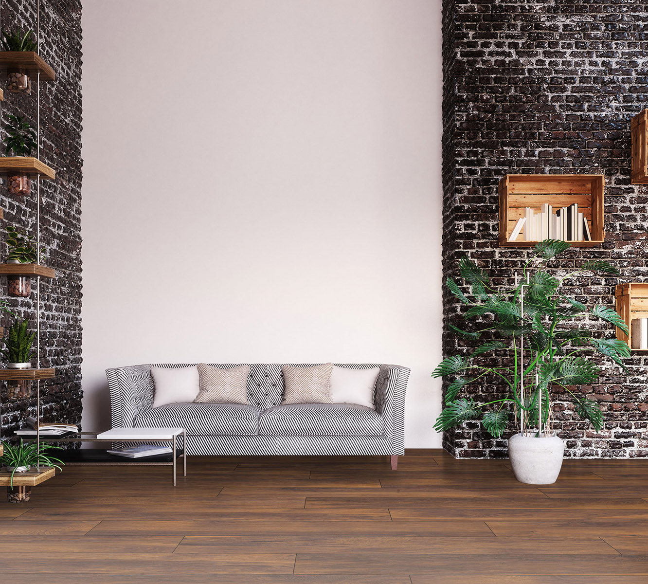 8156 Red River Hickory flooring in a modern living room – creating bold contrast with walls and a luxurious wood look