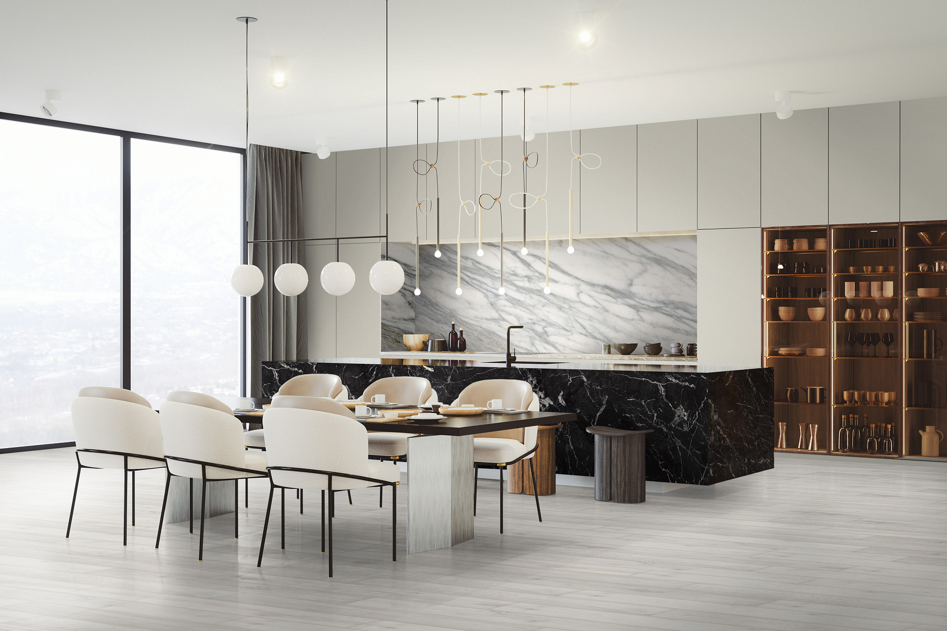 Venato Nature R102 PT and Marquina R106 wall panels from Rocko Tiles in modern kitchen