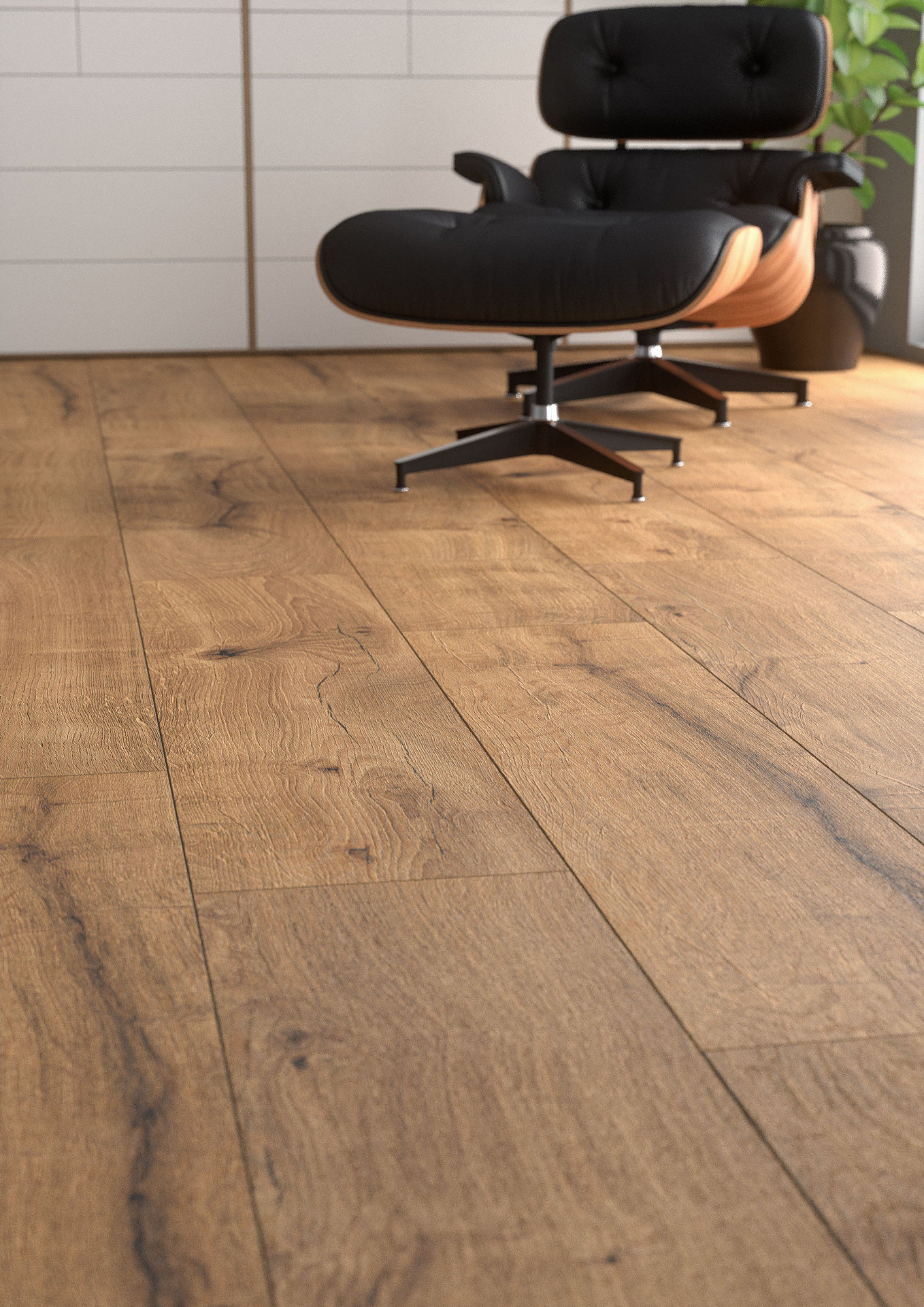 A detailed view of SPC Flooring's R124 Clove chair and a plant in a room. 