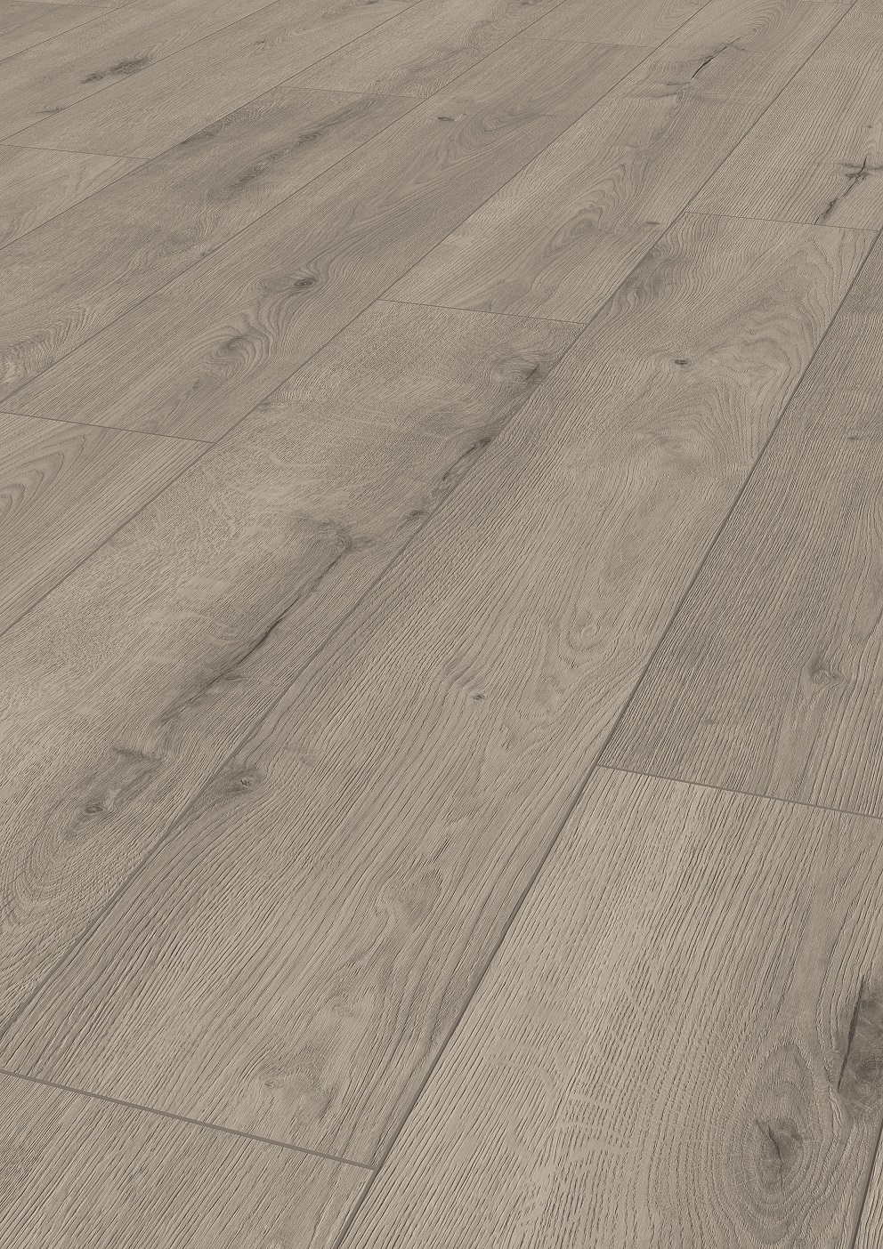 Angled view of Atomic Oak laminate flooring – durable, moisture-resistant planks with a timeless weathered finish