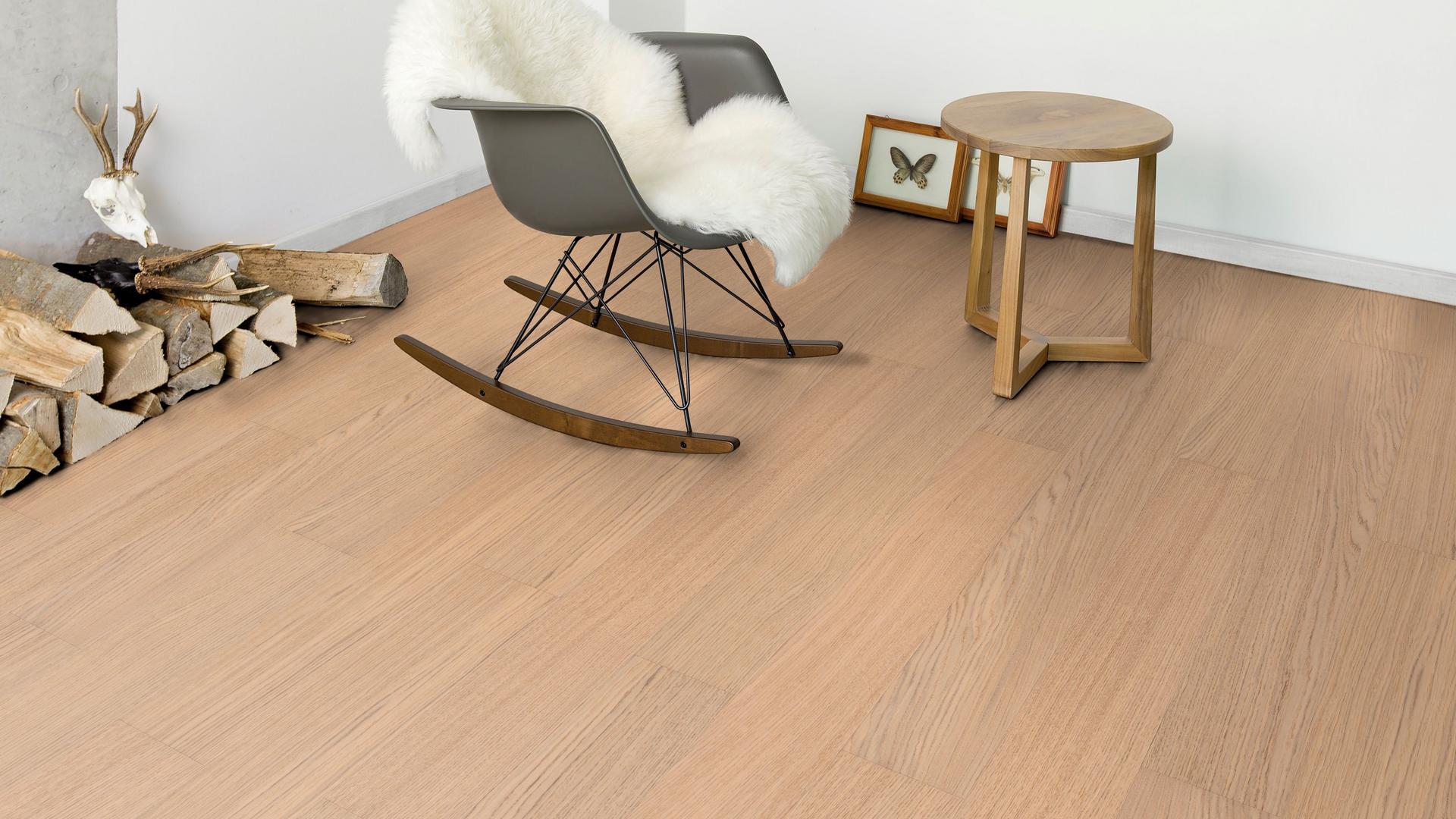 Close view of EISE Oak Noble Sepia ultra-matte veneer flooring in a modern artistic living area