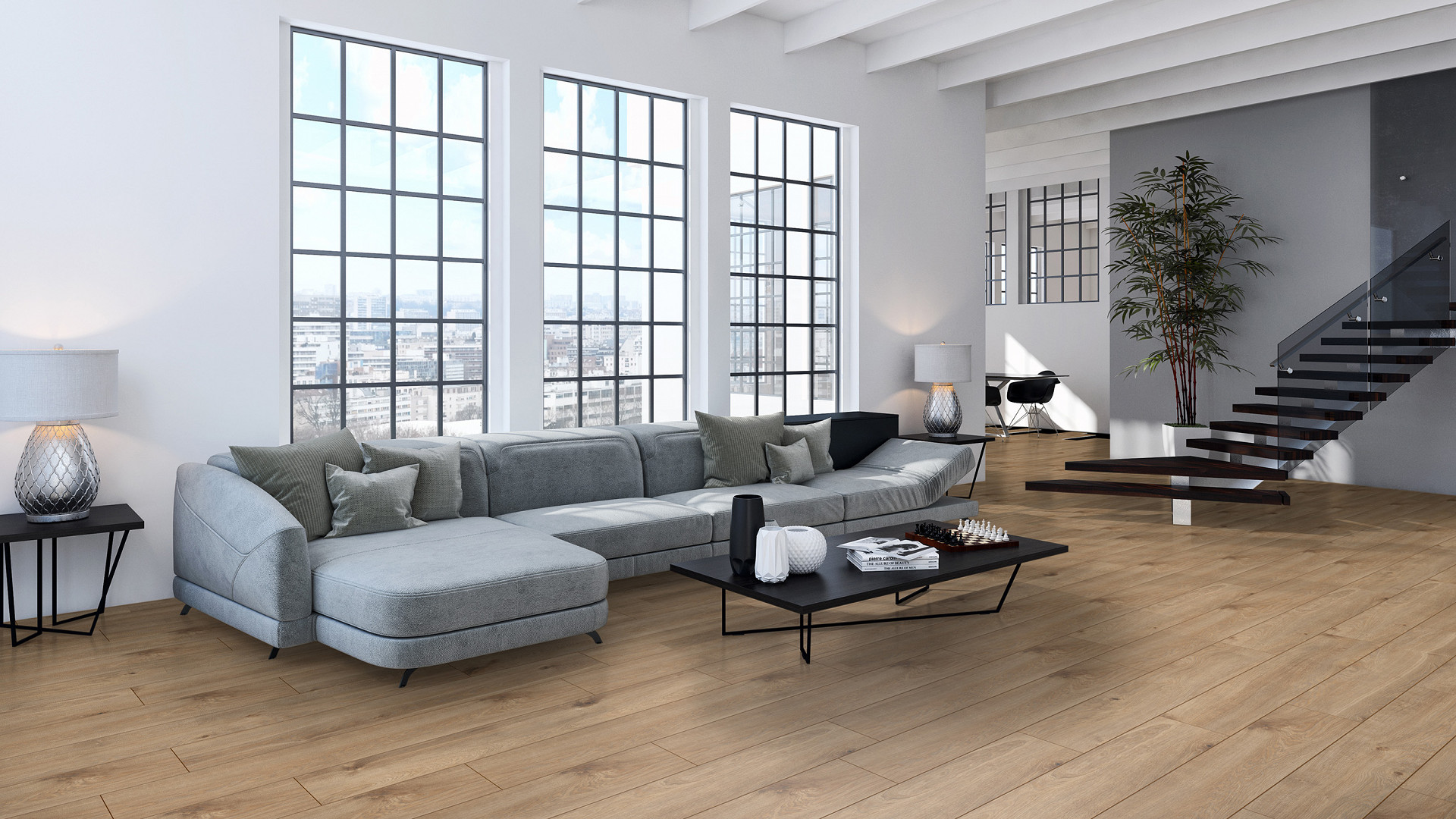 Solar Oak laminate flooring enhancing an open-plan interior – natural wood look paired with grey furnishings and architectural elements