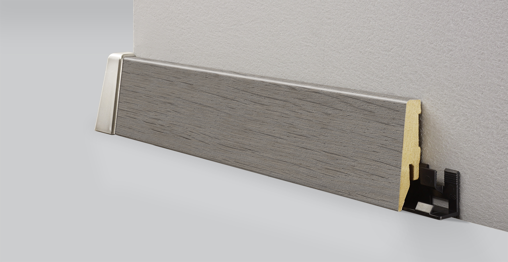 MDF floor sill Z085 with cable channel and height 58 mm., ideal in combination with the decor K228 Anvil Oak from MyStyle®.