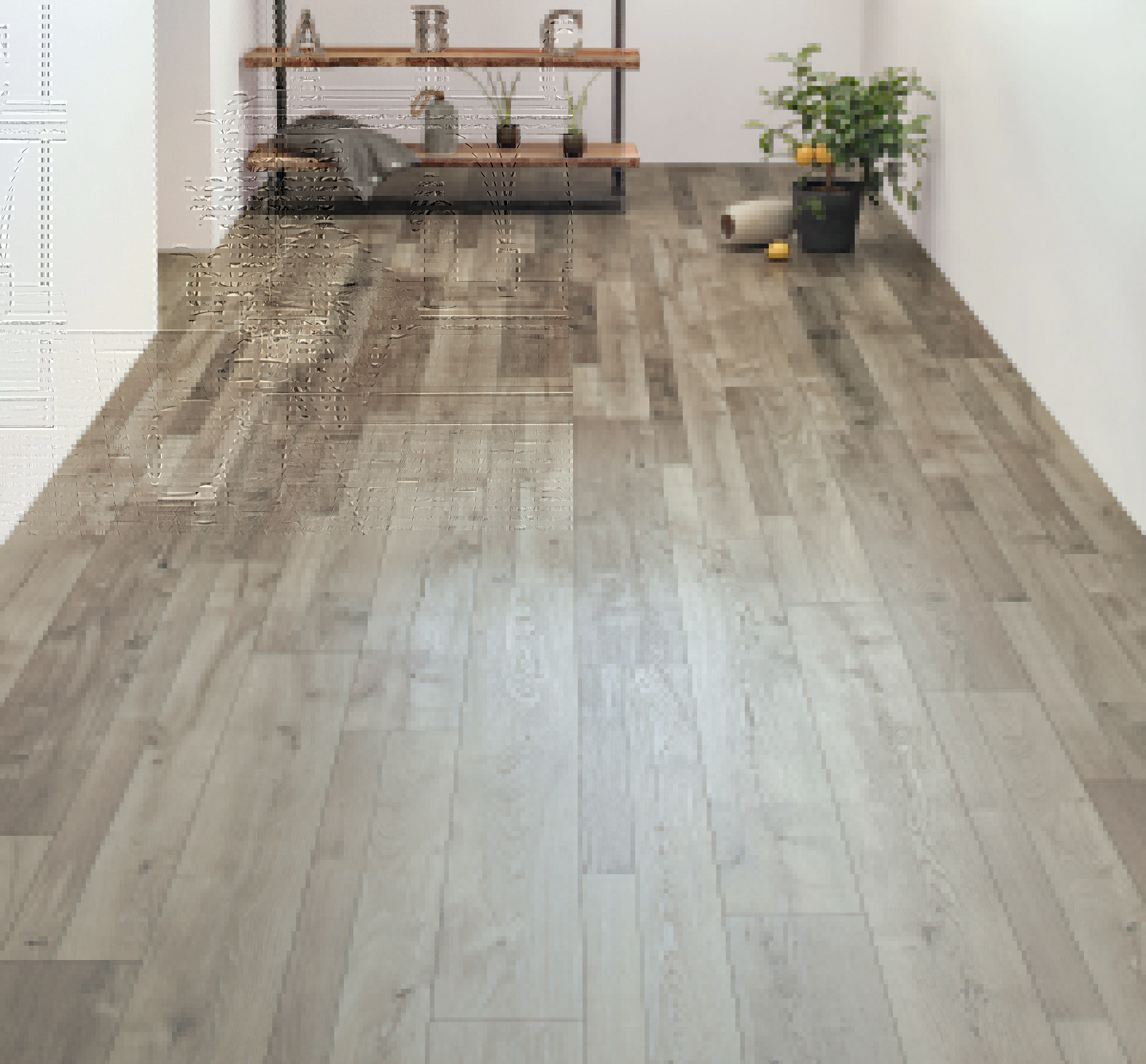 A modern room illustrating the striking contrast between the sleek, contemporary decor and the rustic charm of the K4364 Oak Farco Colo Laminate Flooring.