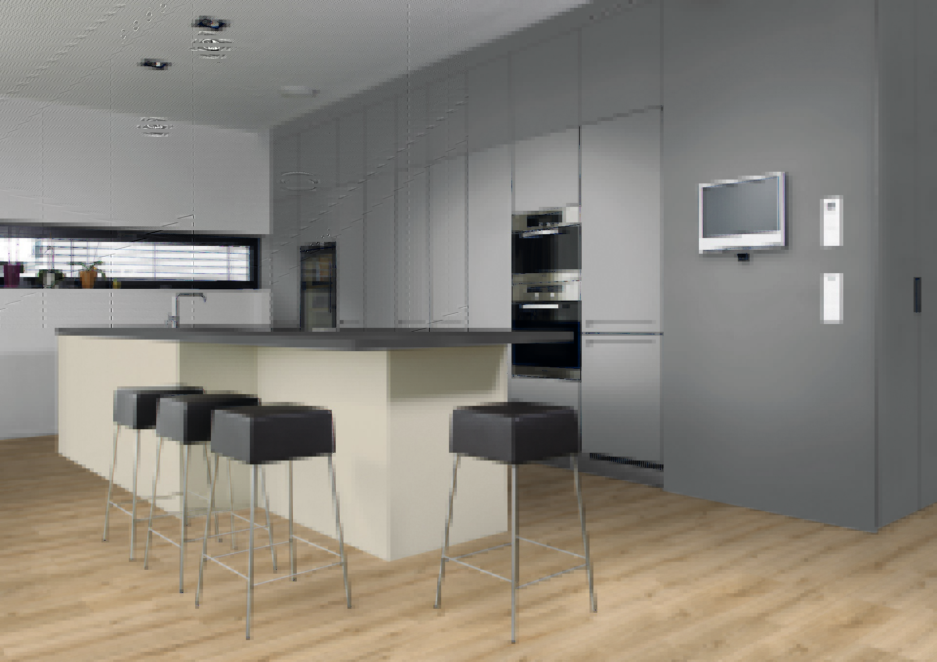 Demonstrating kitchen  the striking balance between the sleek, modern furnishings and the rustic charm of the K4420 Oak Evoke Classic Laminate Flooring