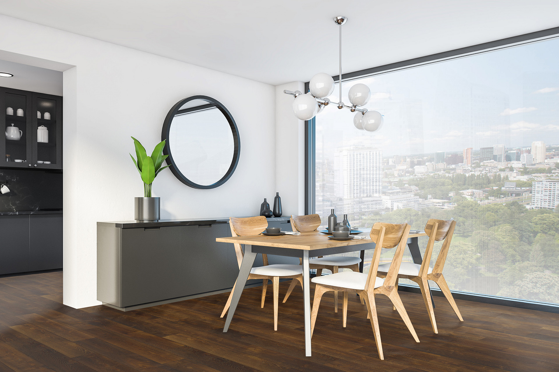 Modern dining area featuring ROCKO® R070 5+1 Incando SPC floor creating contrast with white walls