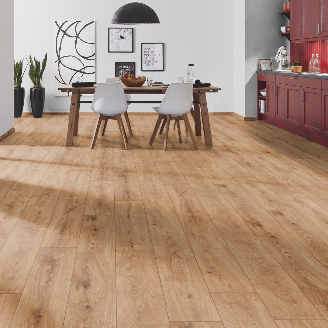 K468 Gondola Oak' flooring adding warmth and sophistication to a stylish kitchen.