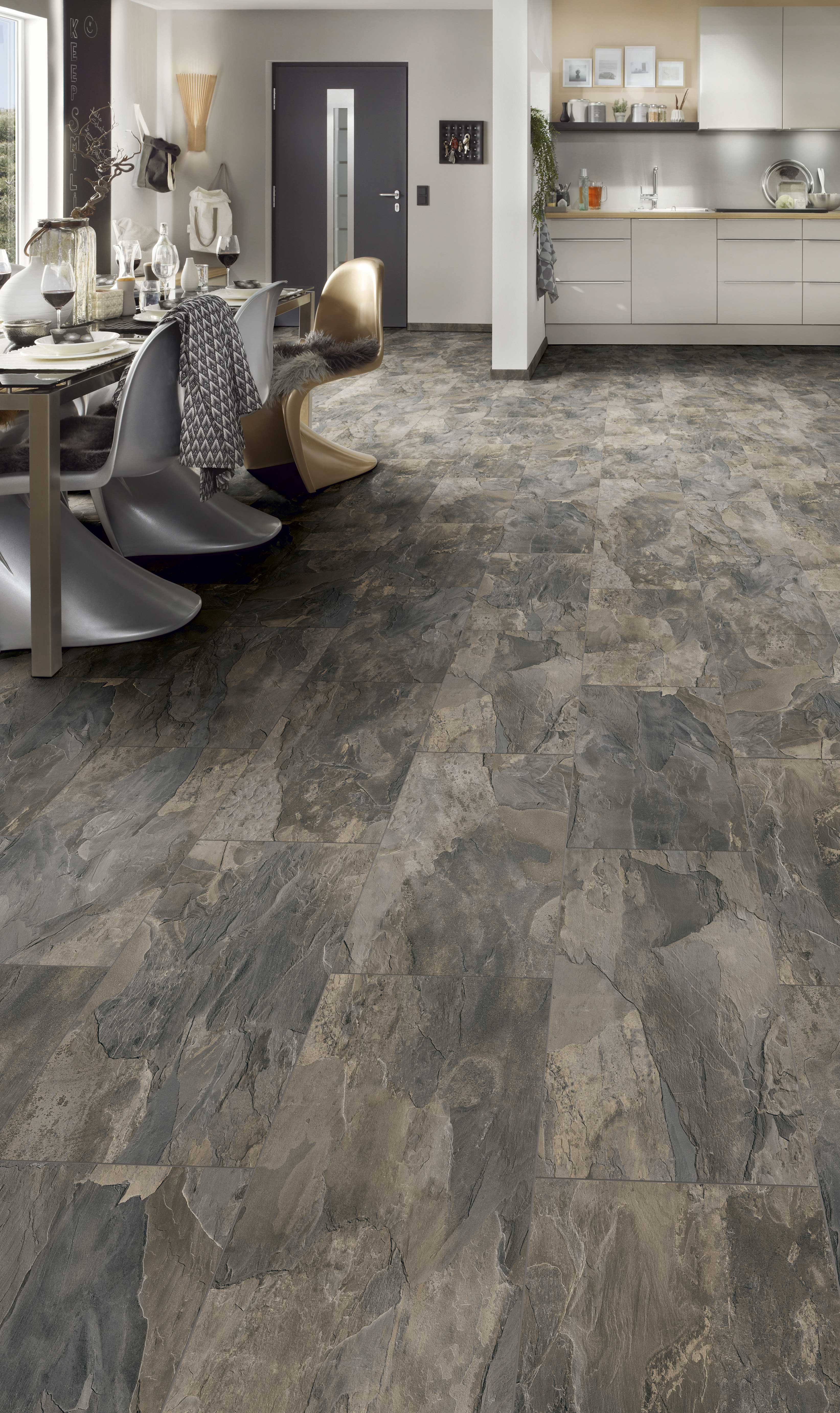 Tile-format laminate flooring in a refined dining area – Pewter Slate enhancing the room with natural elegance