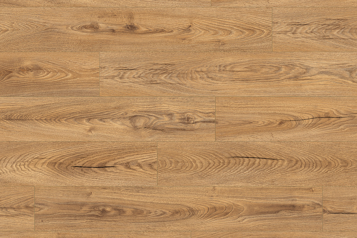 Close-up of K476 Inca Carpenter Oak laminate flooring with rich oak tones and authentic textured grain from Atlantic 10 collection