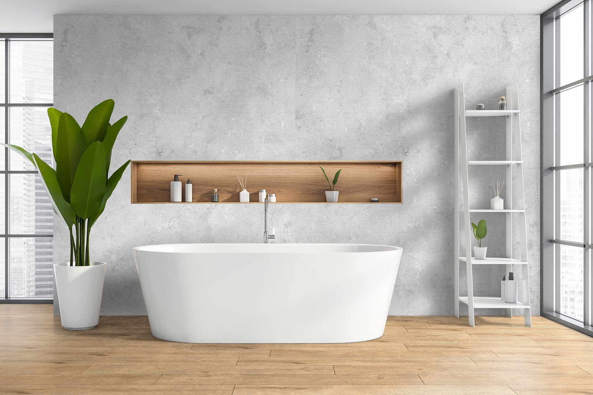 Water-resistant R077 Barista 5+1 SPC flooring installed under a bathtub