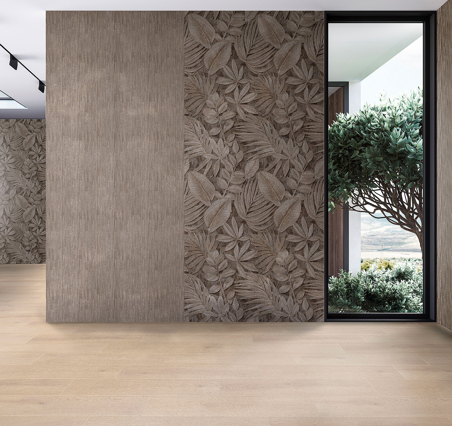 R164 Mink Plant and B panels from Rocko Tiles collection – botanical accent wall in modern public interior