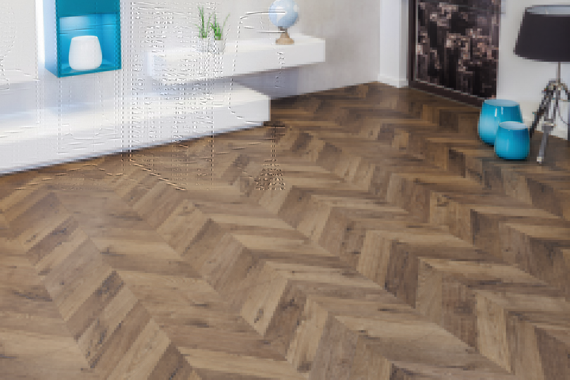 Modern room showcasing the striking contrast between the white furniture and the deep, rich tones of the K4379 Oak Fortress Ashford Laminate Flooring.