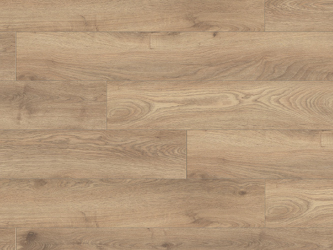Close-up of Haybridge Oak laminate flooring with classic oak tones and refined wood grain from Atlantic mo.re! 12mm collection