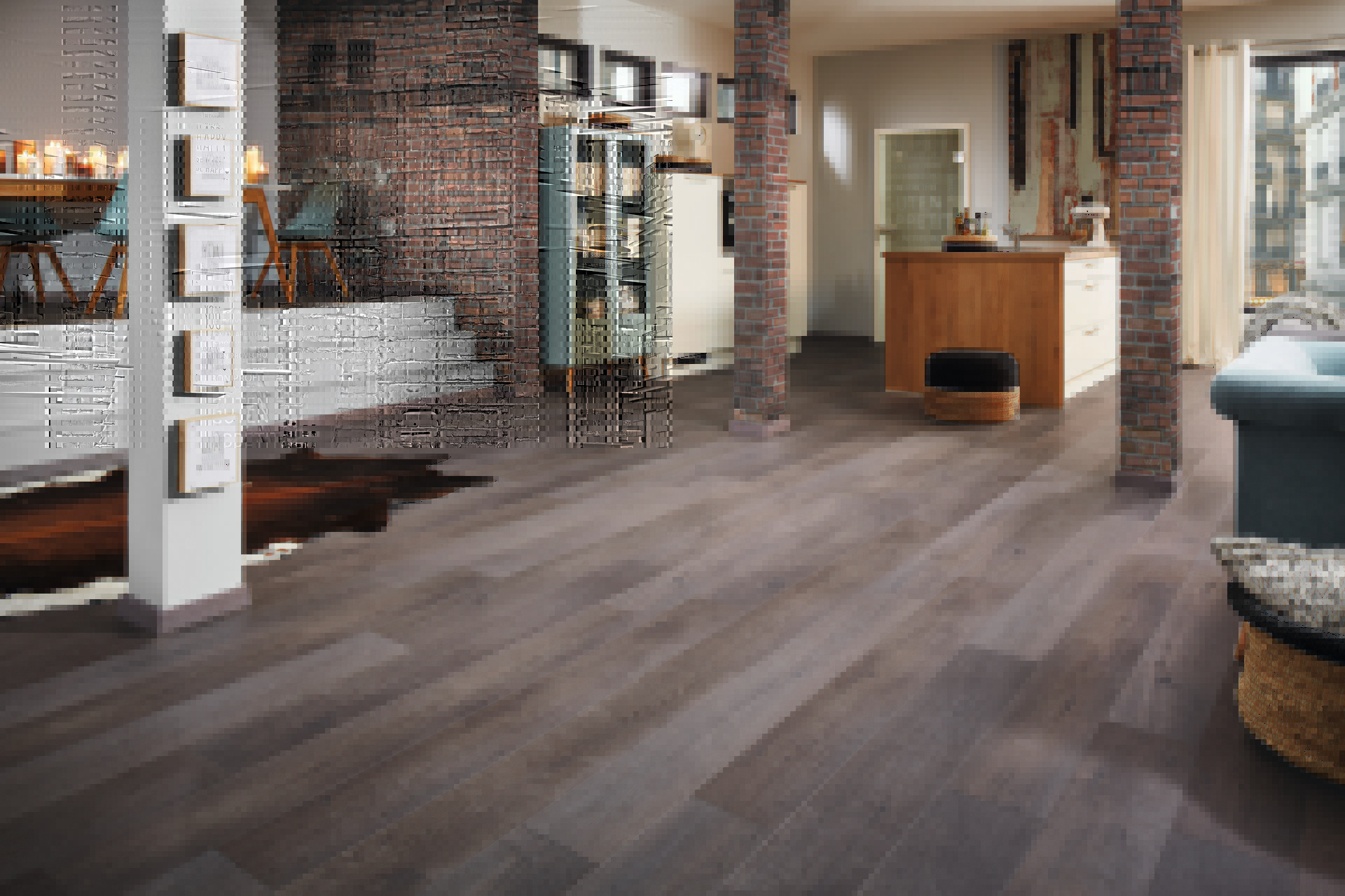 Anvil Oak MO.RE! laminate flooring enhancing a minimalist living room.
