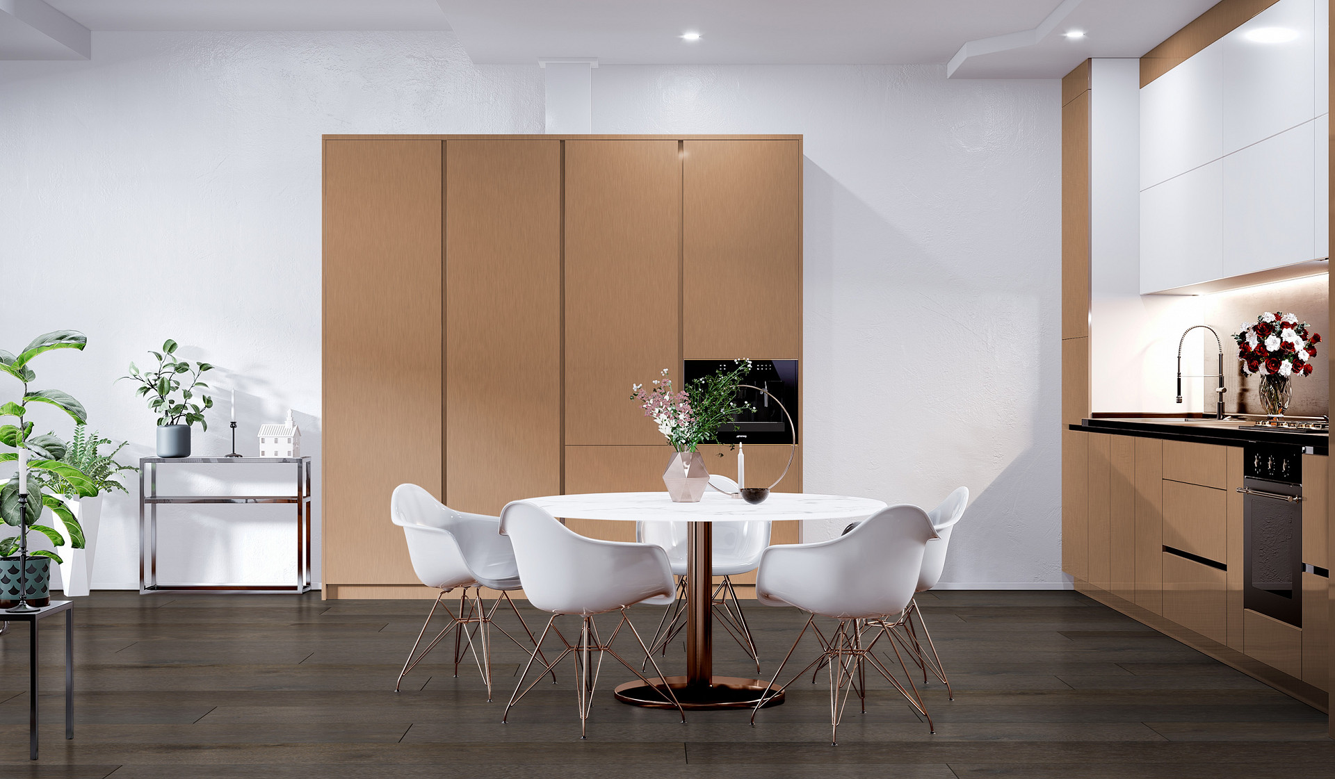 A dining room with R064 Eboniza SPC Flooring and contrasting table and chairs.