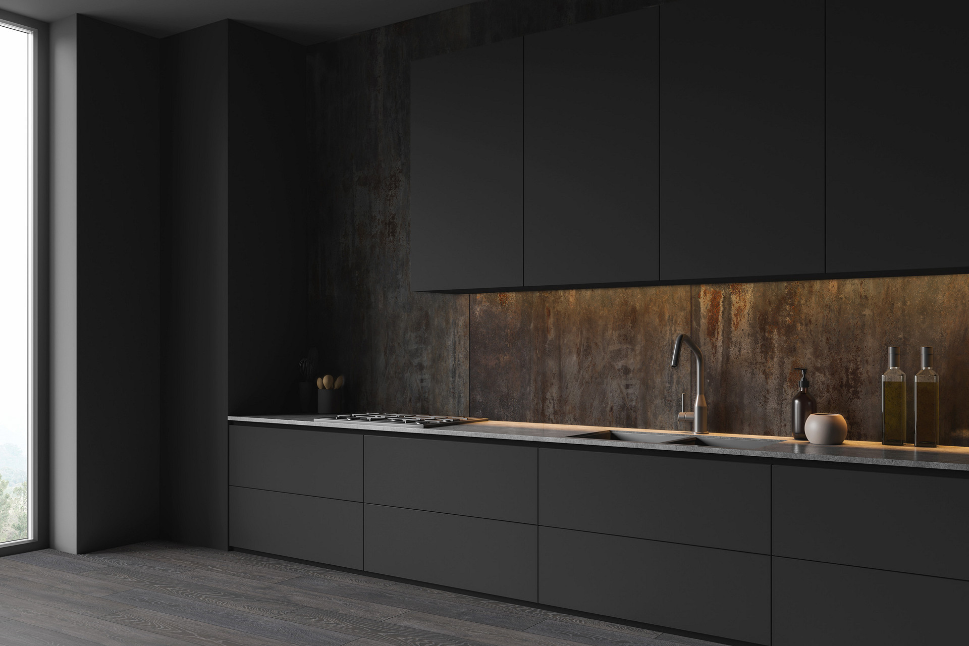 R120 Native Steel wall panel from Rocko Tiles – used as backsplash in black industrial-style kitchen