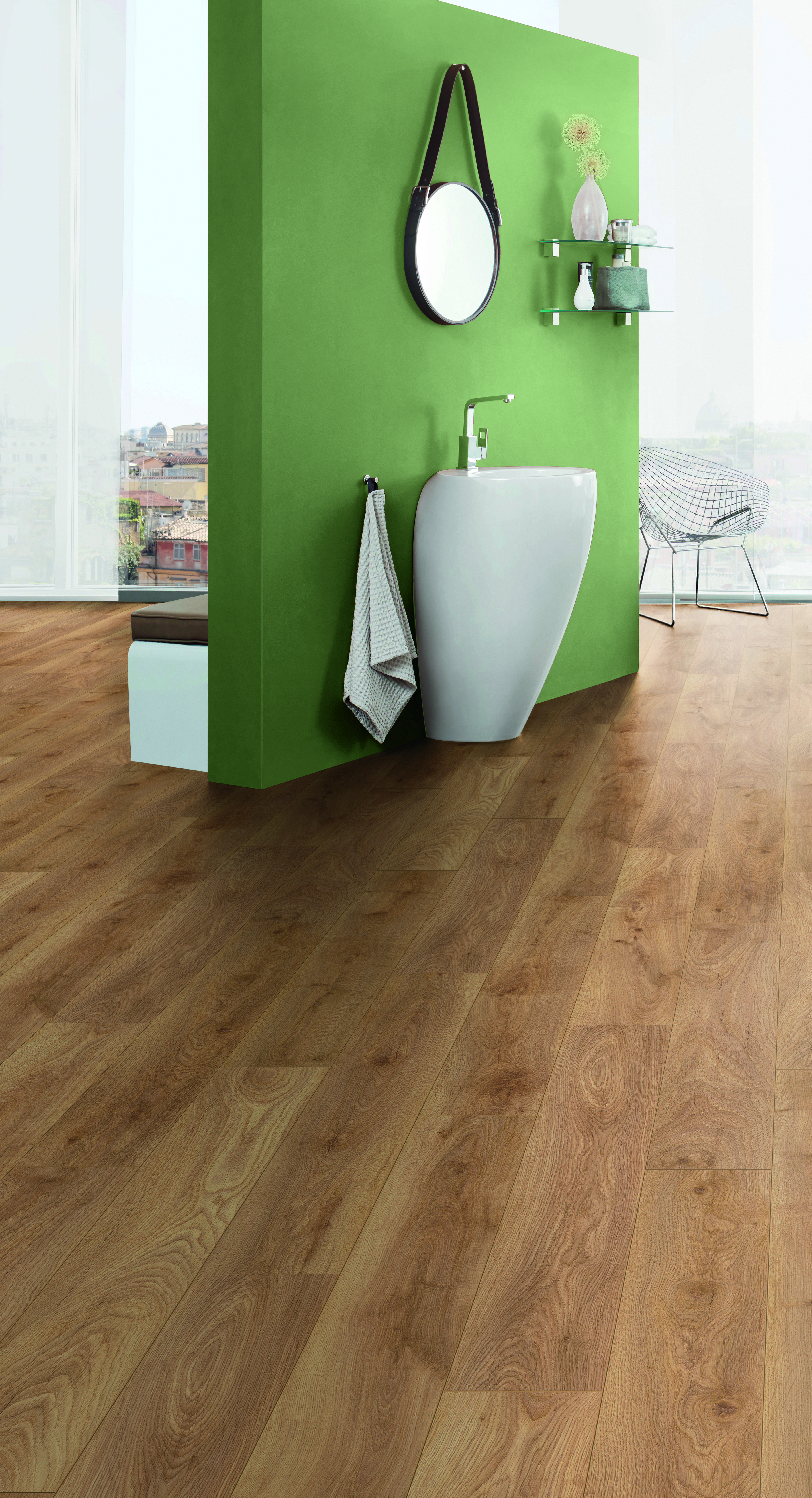 K598 Heathland Oak flooring installed in a moisture-prone room with a sink – showing water-resistant performance