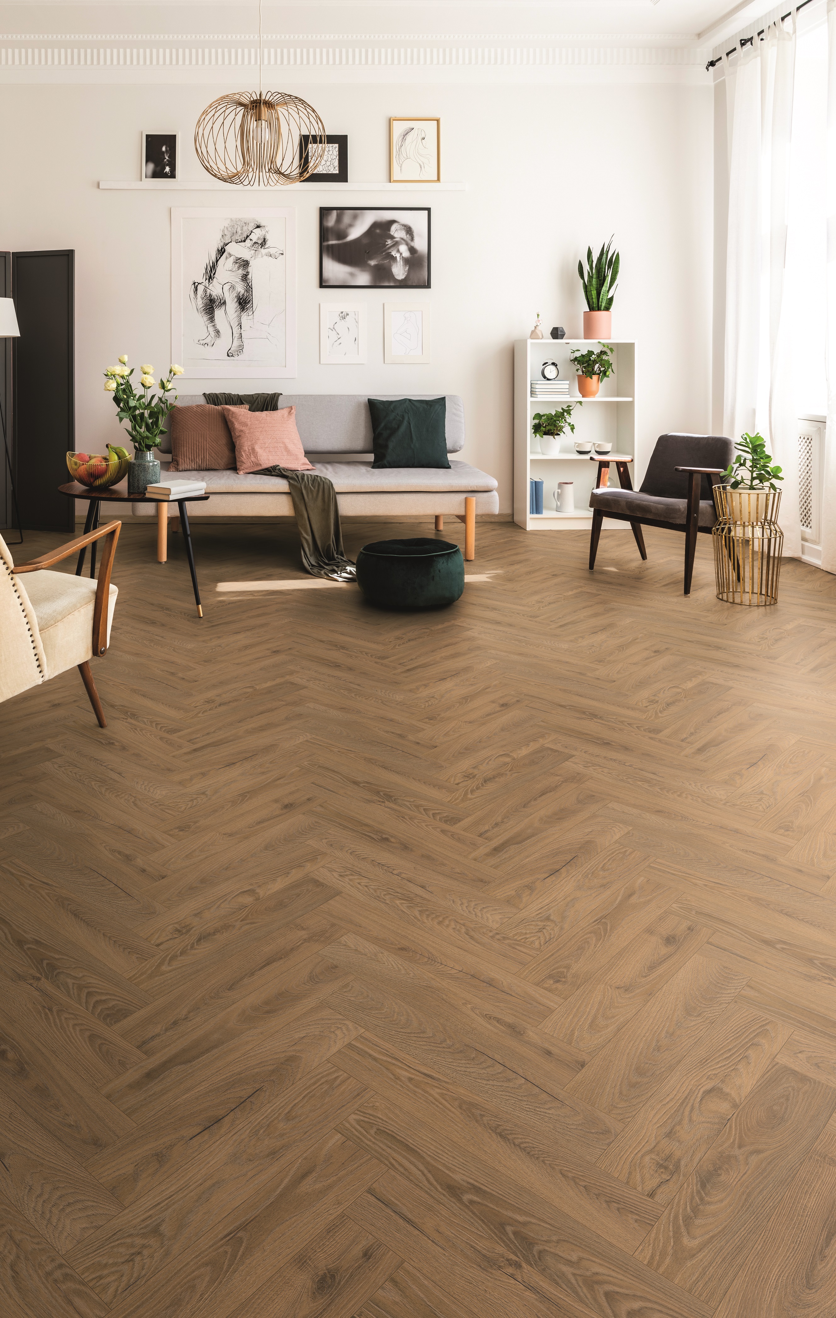 modern living room with beautiful laminate with herringbone pattern from Krono Original