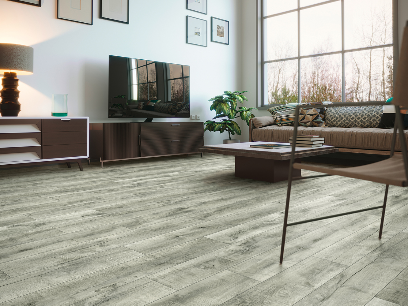 Atlantic 8 laminate flooring in Weathered Volcano Oak décor paired with dark furniture for a modern vintage living space